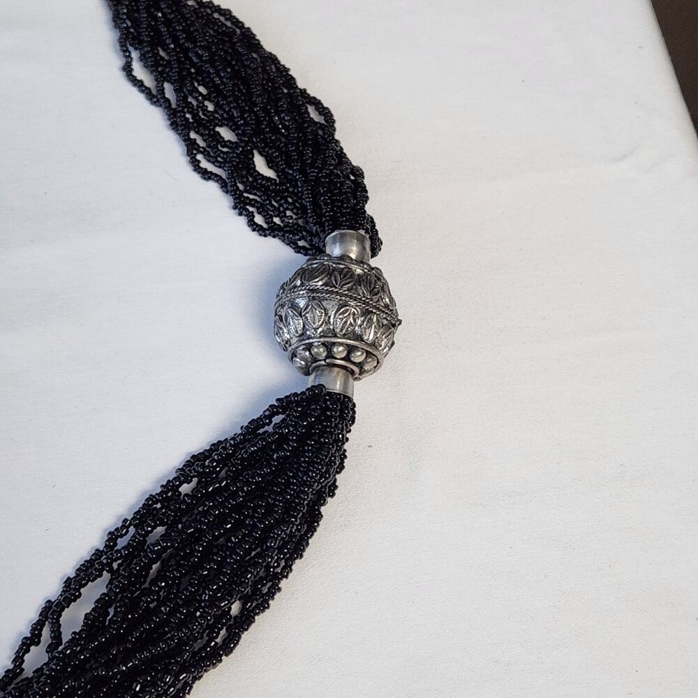 Black Seed Bead Multi-Strand Statement Necklace Silver Tone Etched Pendant Boho - Picture 6 of 6